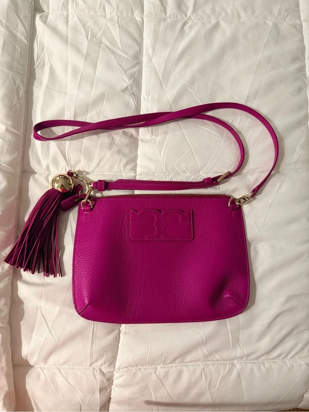 Tory Burch Bright Fuchsia Pebbled Leather Crossbody with Tassel